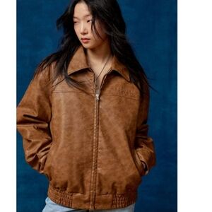 BDG Oversize Brown Faux Leather Harrington Jacket